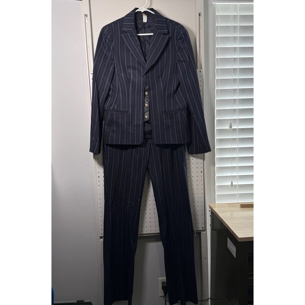 Vintage Gianni Versace Purple Pinstripe Blazer Pant Suit Leather Trim & Vest 44